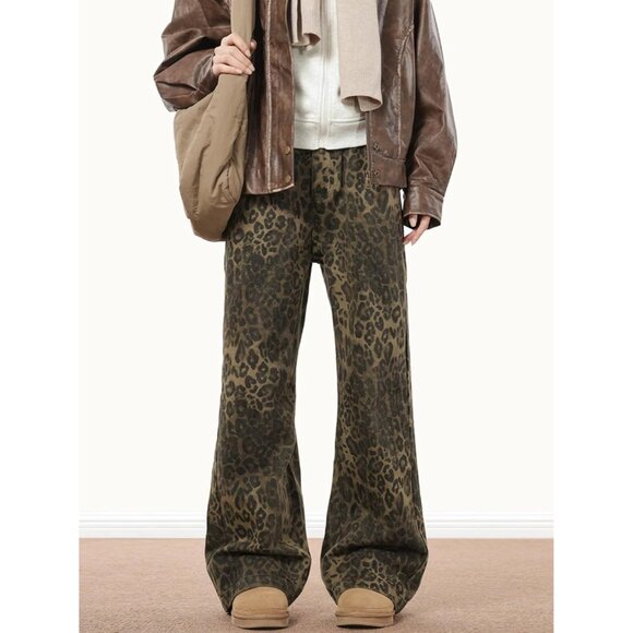 Y2K Leopard Jeans Women Men Baggy Cheetah Print Straight Leg Denim Casual - Picture 2 of 7
